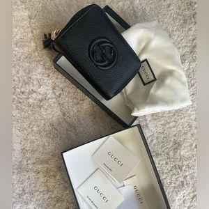 GUCCI black leather mini SOHO interlocking Bamboo Tassel zip around wallet NIB